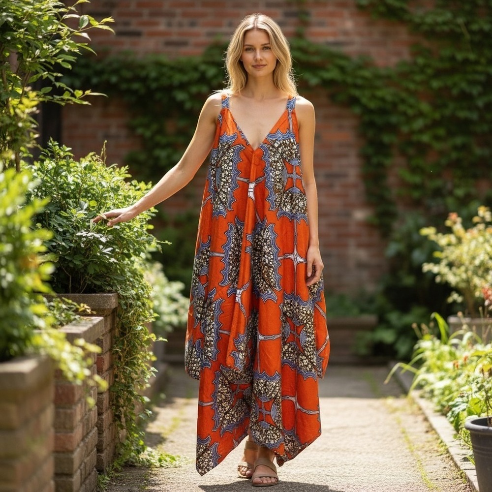 Womens Jumper Boho Wide Leg Colorful African Ankara Print Oversized OS Relaxed